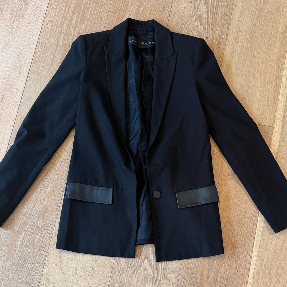 Zara Black Single-Button Women's Blazer with Faux-Leather Trim